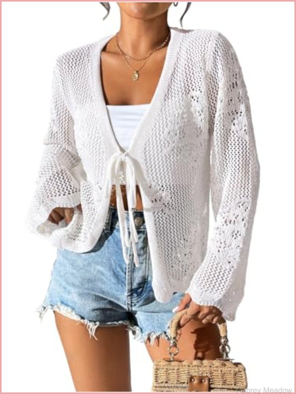 Womens Tie Front Lightweight Crochet Cardigan Shrug Knit Crop Top